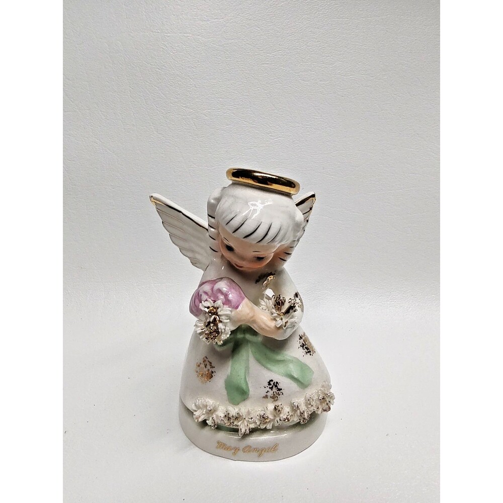 Vintage Napco Birthday Angel MAY S-1365 Gold Trim Spaghetti Applied 4.25"T